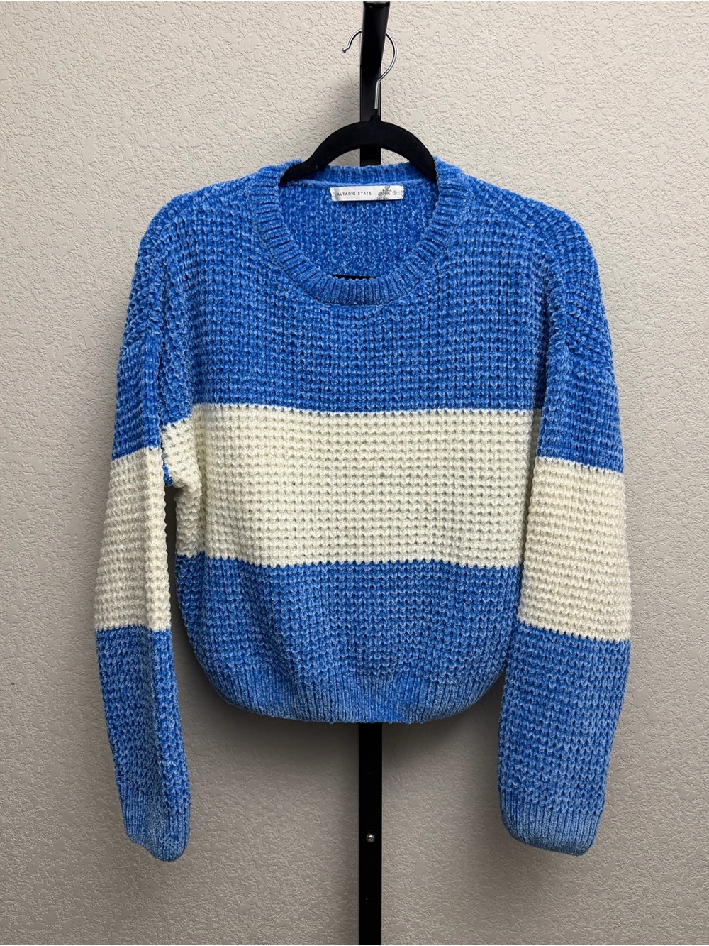 Altar’d State Women’s Blue and Cream Striped Chenille Crewneck Sweater - Women